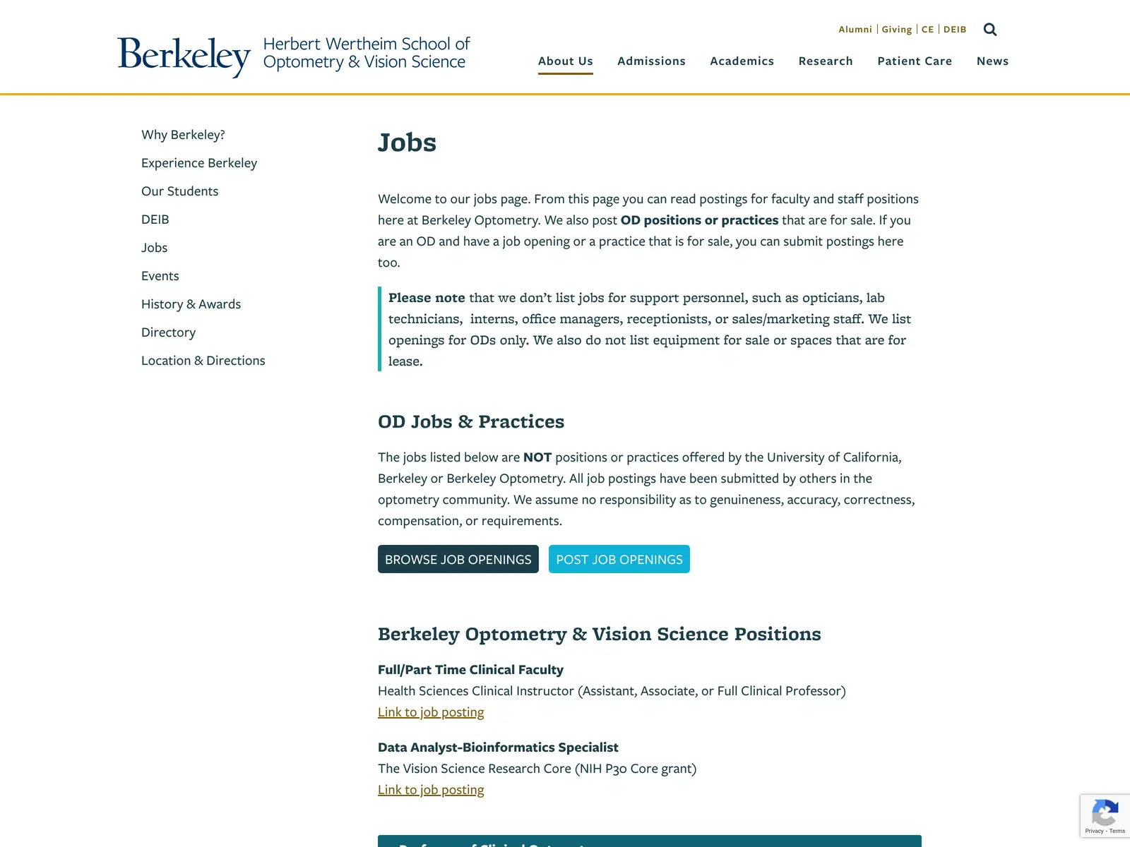 Screenshot of Berkeley Optometry Job Board