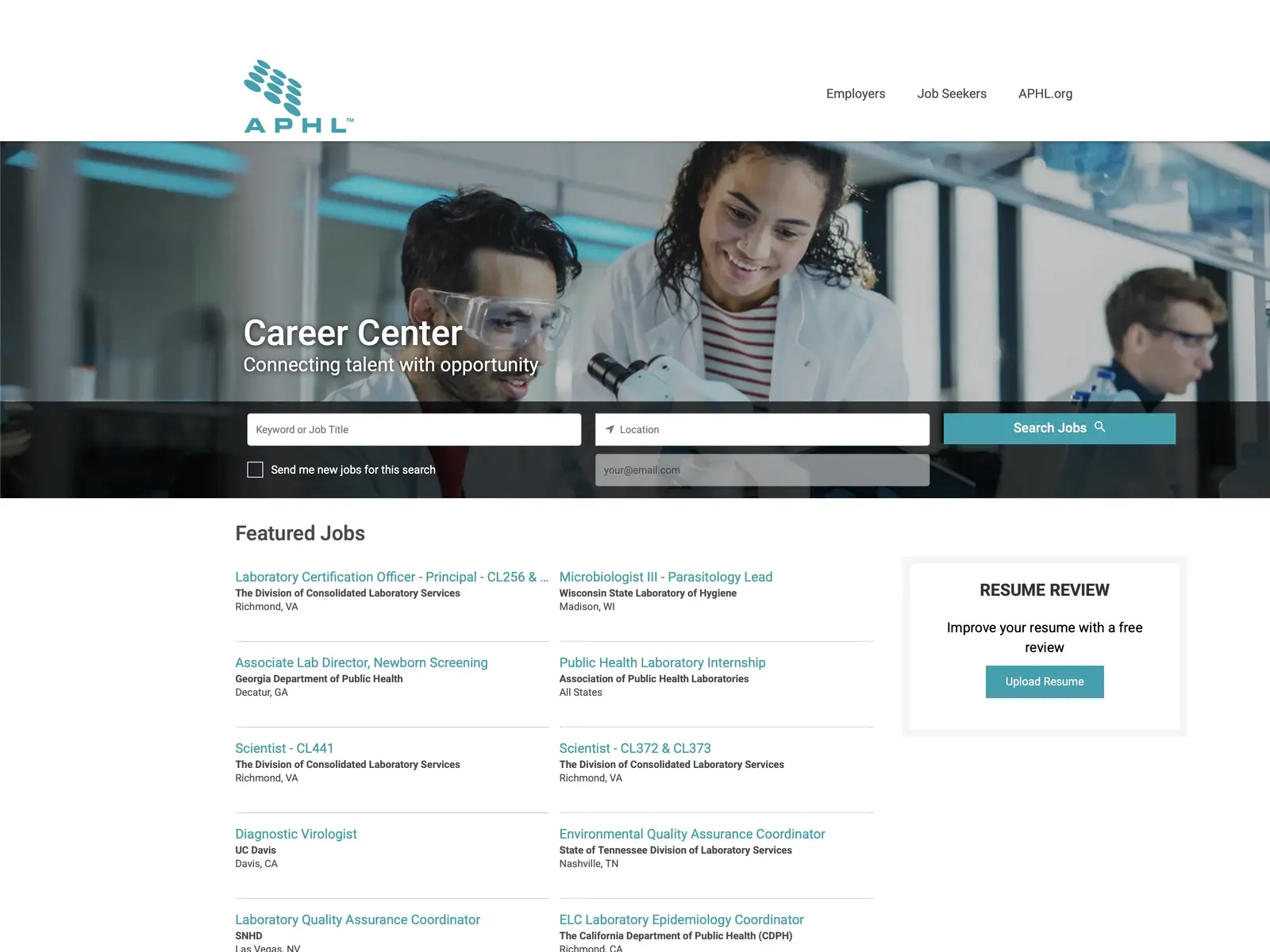 Screenshot of APHL Career Center