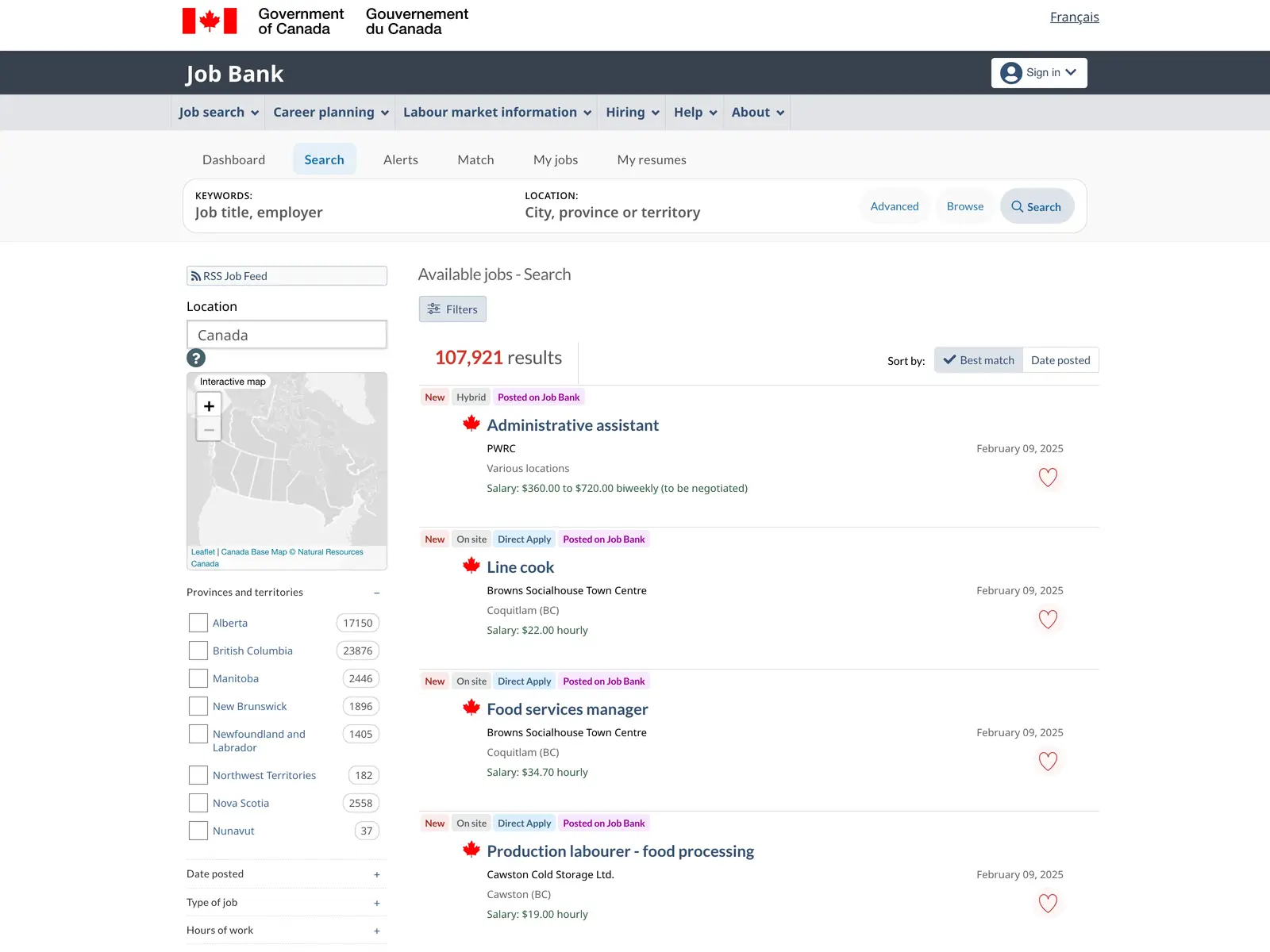 Screenshot of Job Bank