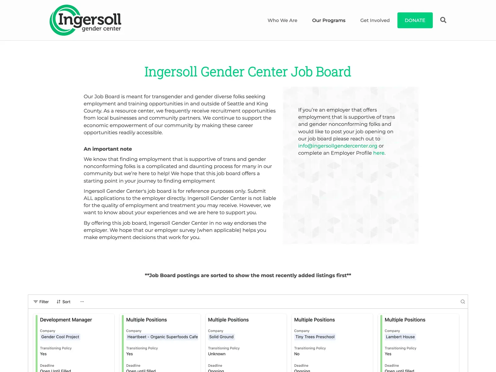 Screenshot of Ingersoll Gender Center Job Board