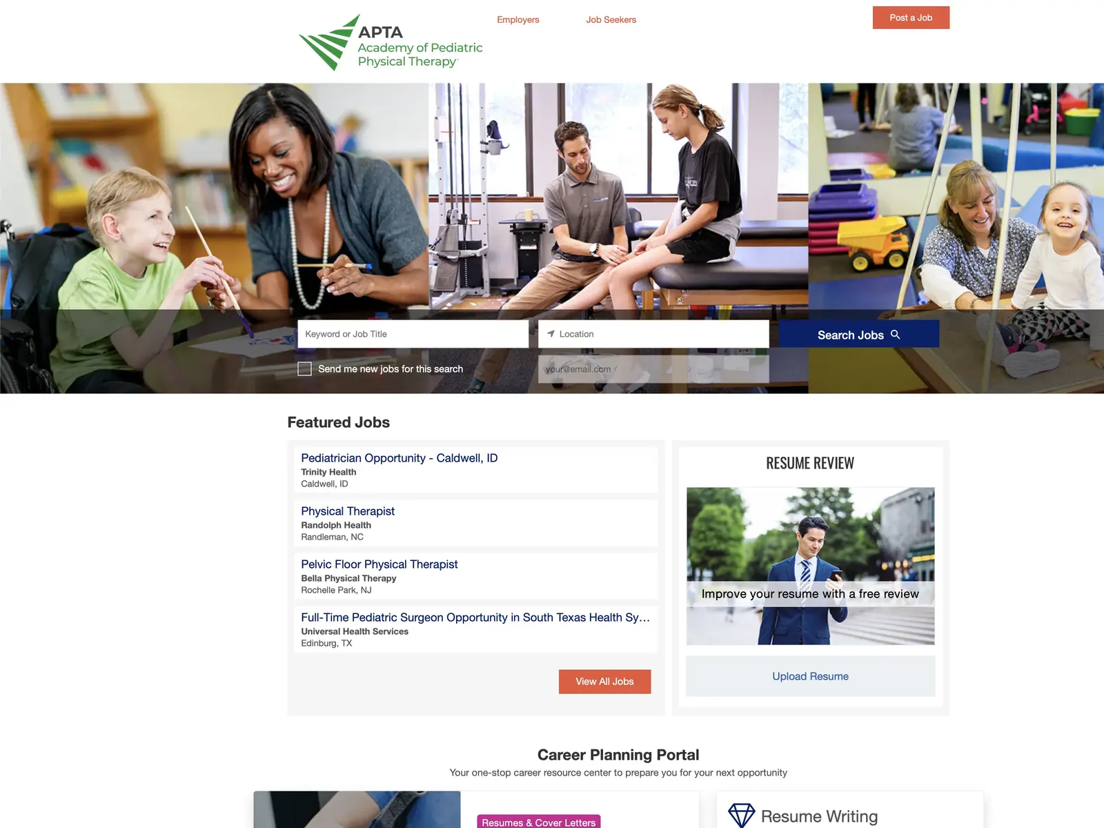 Screenshot of APTA Pediatrics Job Board
