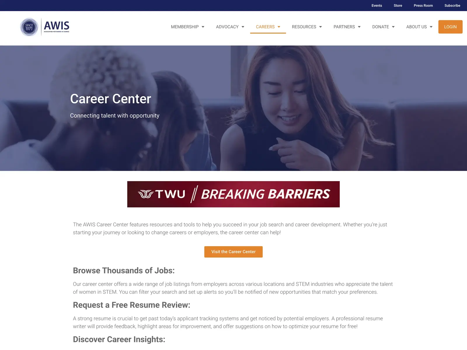 Screenshot of AWIS Career Center