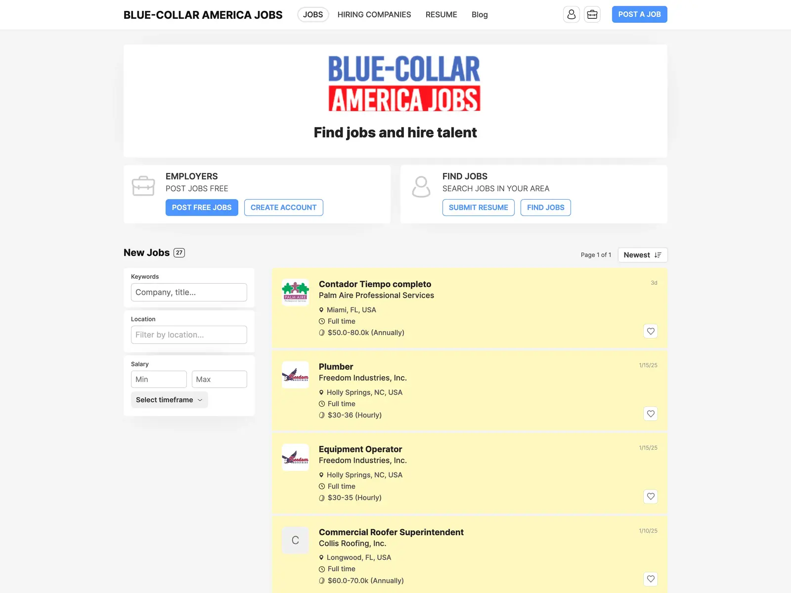 Screenshot of Blue-Collar America Jobs