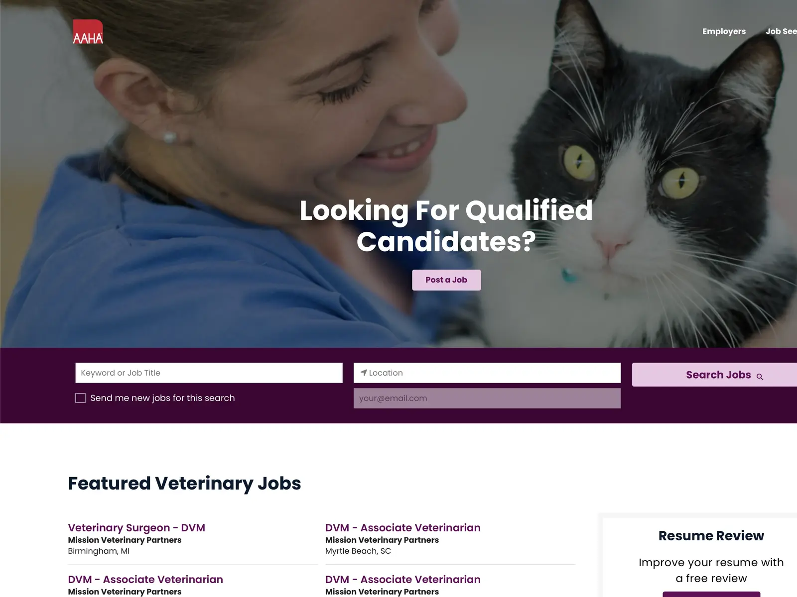 Screenshot of American Animal Hospital Association Career Center