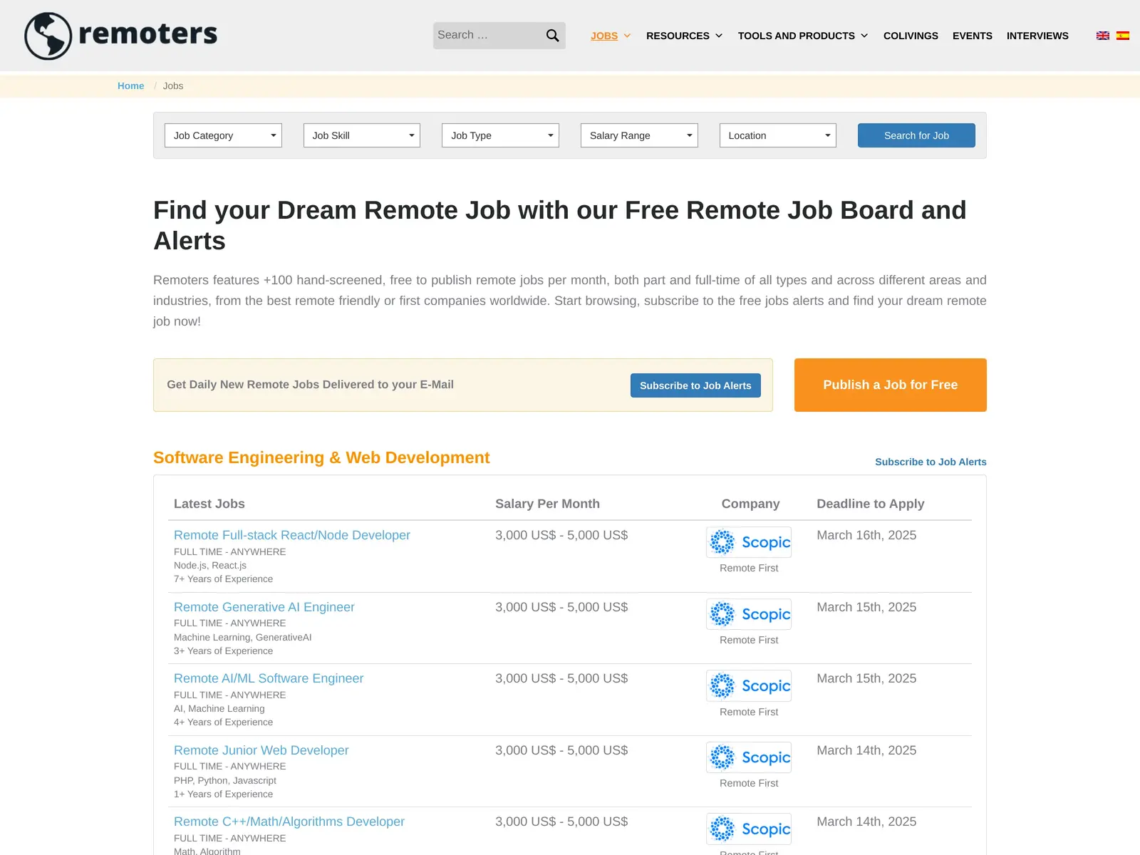 Screenshot of Remoters Job Board