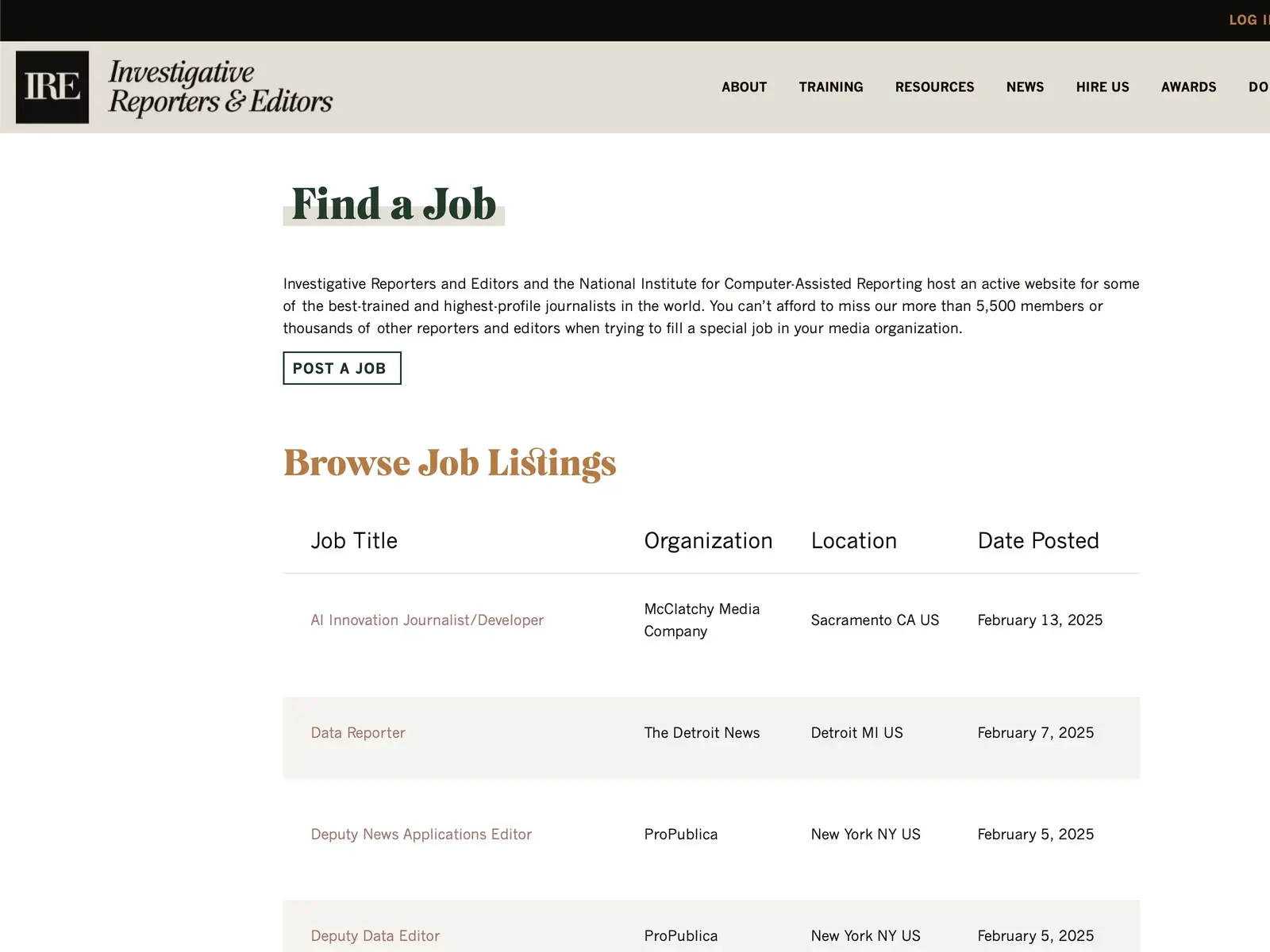 Screenshot of IRE Job Center