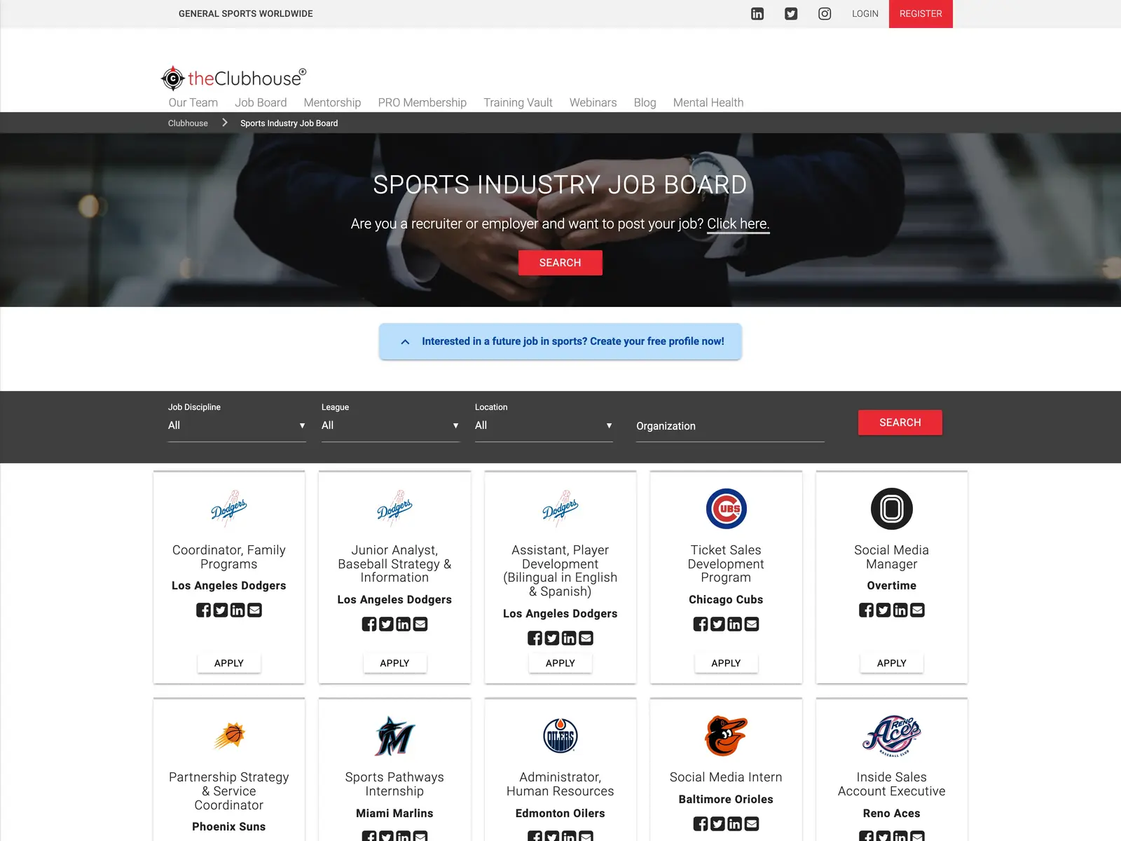Screenshot of theClubhouse Job Board