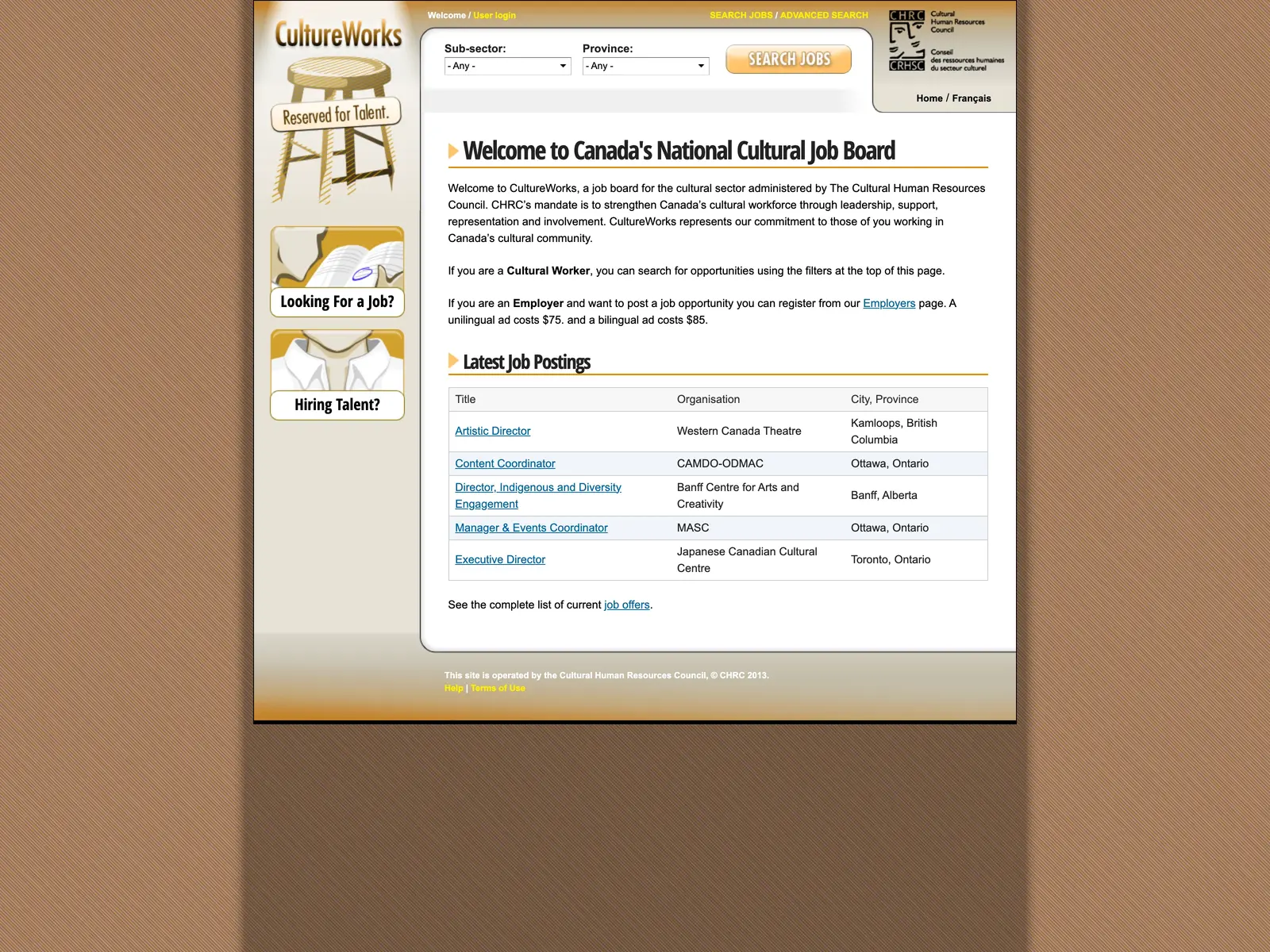 Screenshot of Canada’s National Cultural Job Board