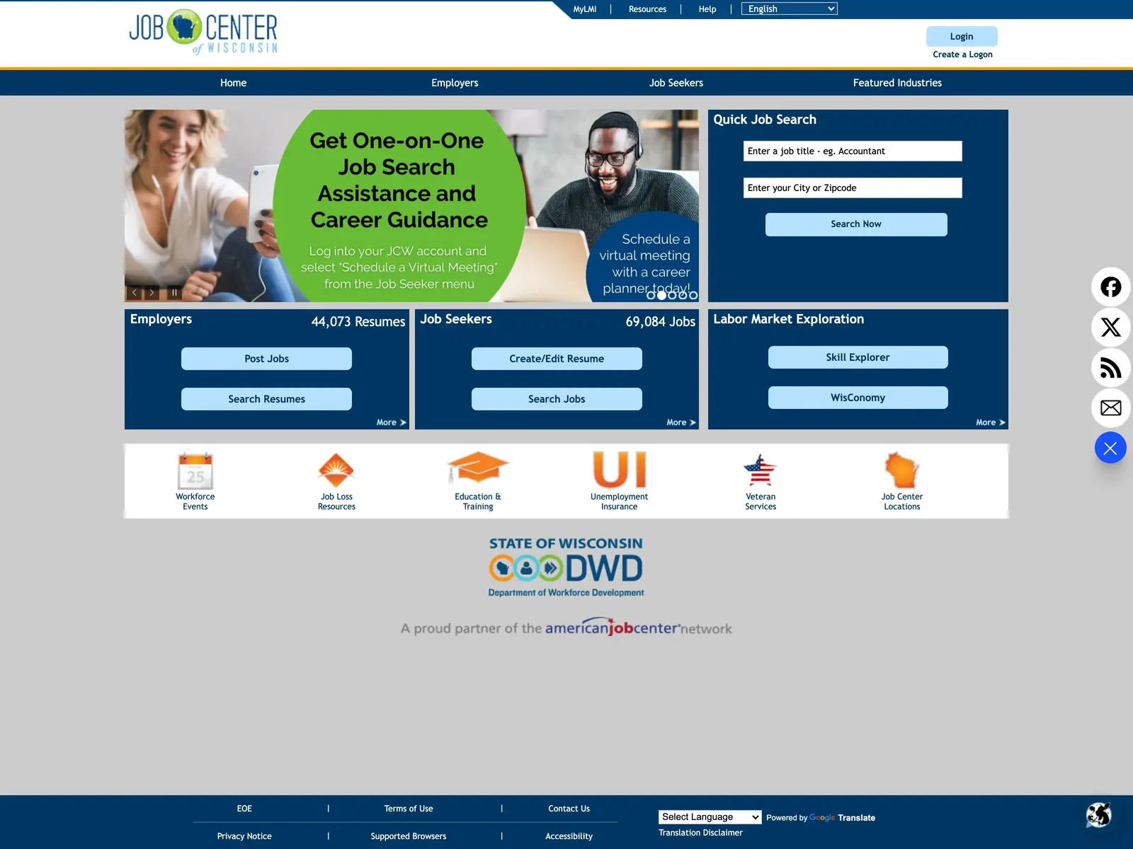 Screenshot of Job Center of Wisconsin