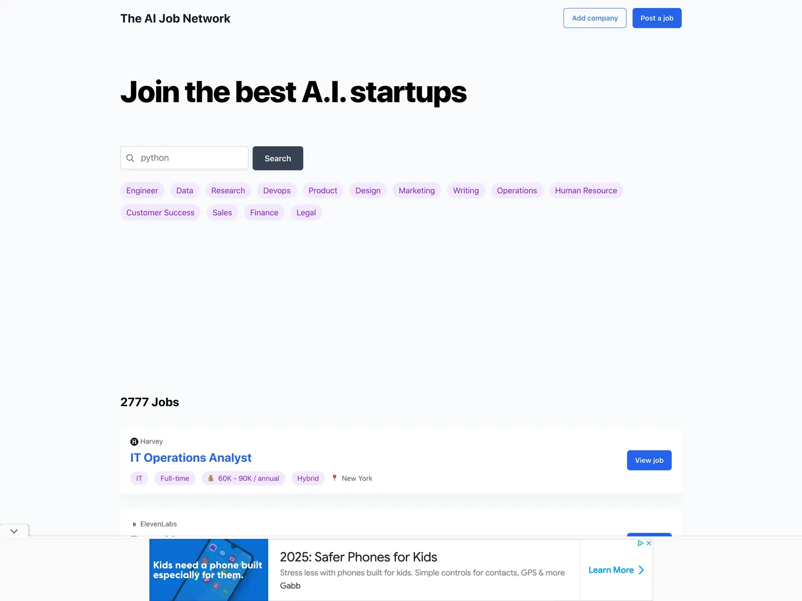 Screenshot of Jobs at Top AI Startups
