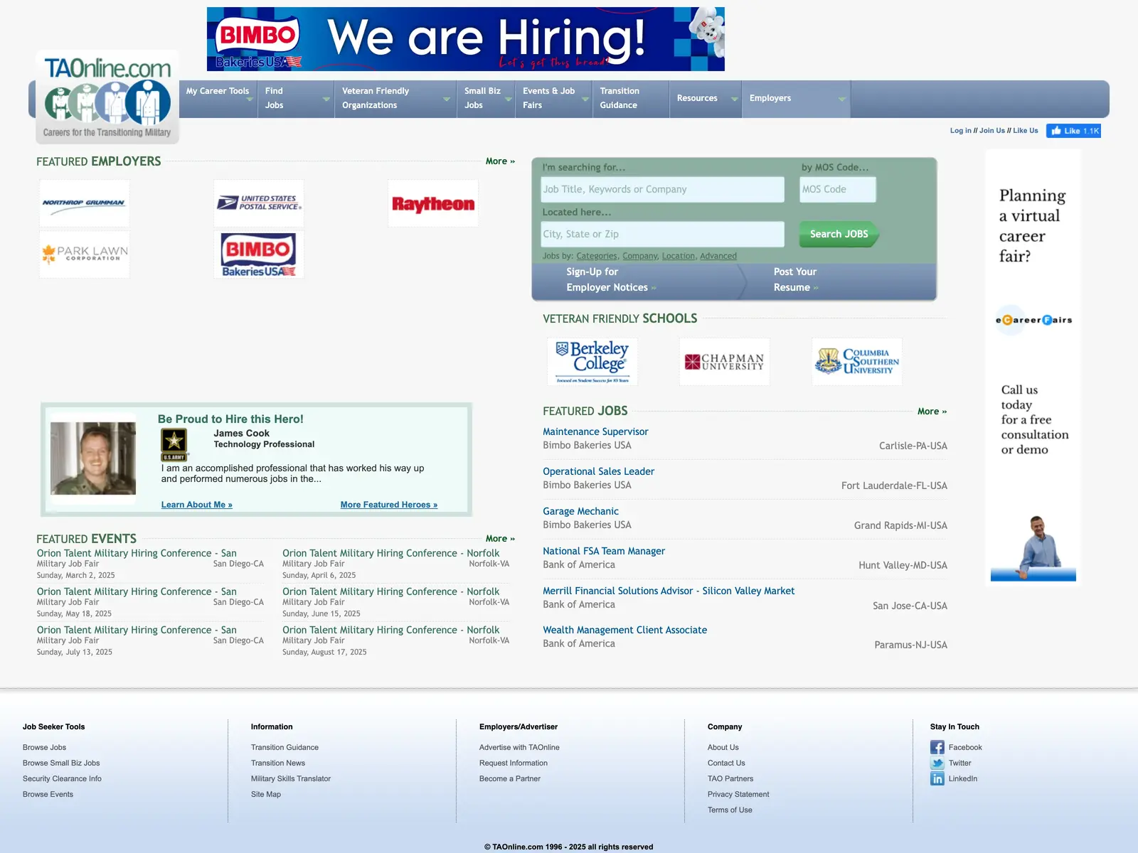 Screenshot of Careers for the Transitioning Military and US Veterans
