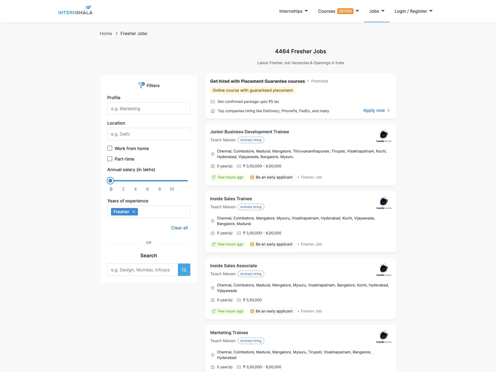 Screenshot of Internshala