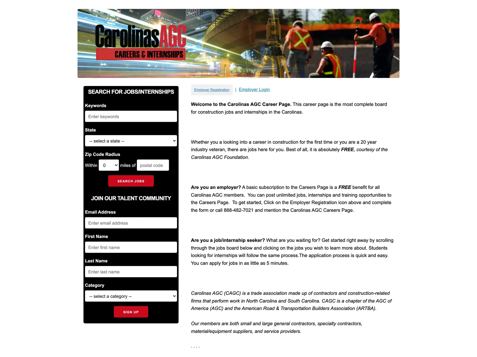 Screenshot of Carolinas AGC Careers & Internships