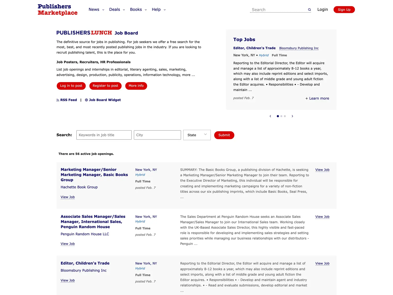 Screenshot of Publishers Lunch Job Board
