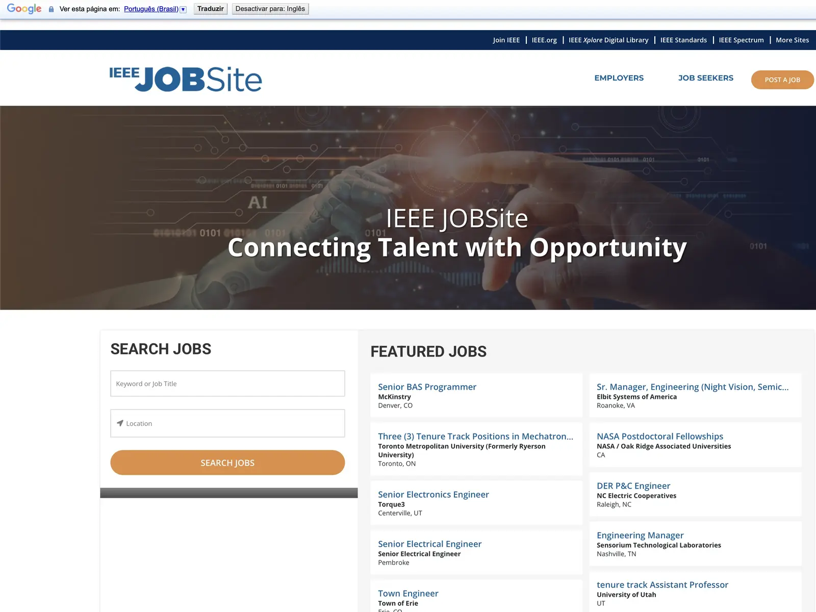 Screenshot of IEEE Job Site