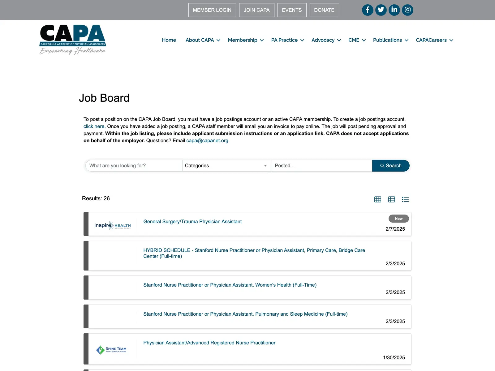 Screenshot of CAPA Job Board