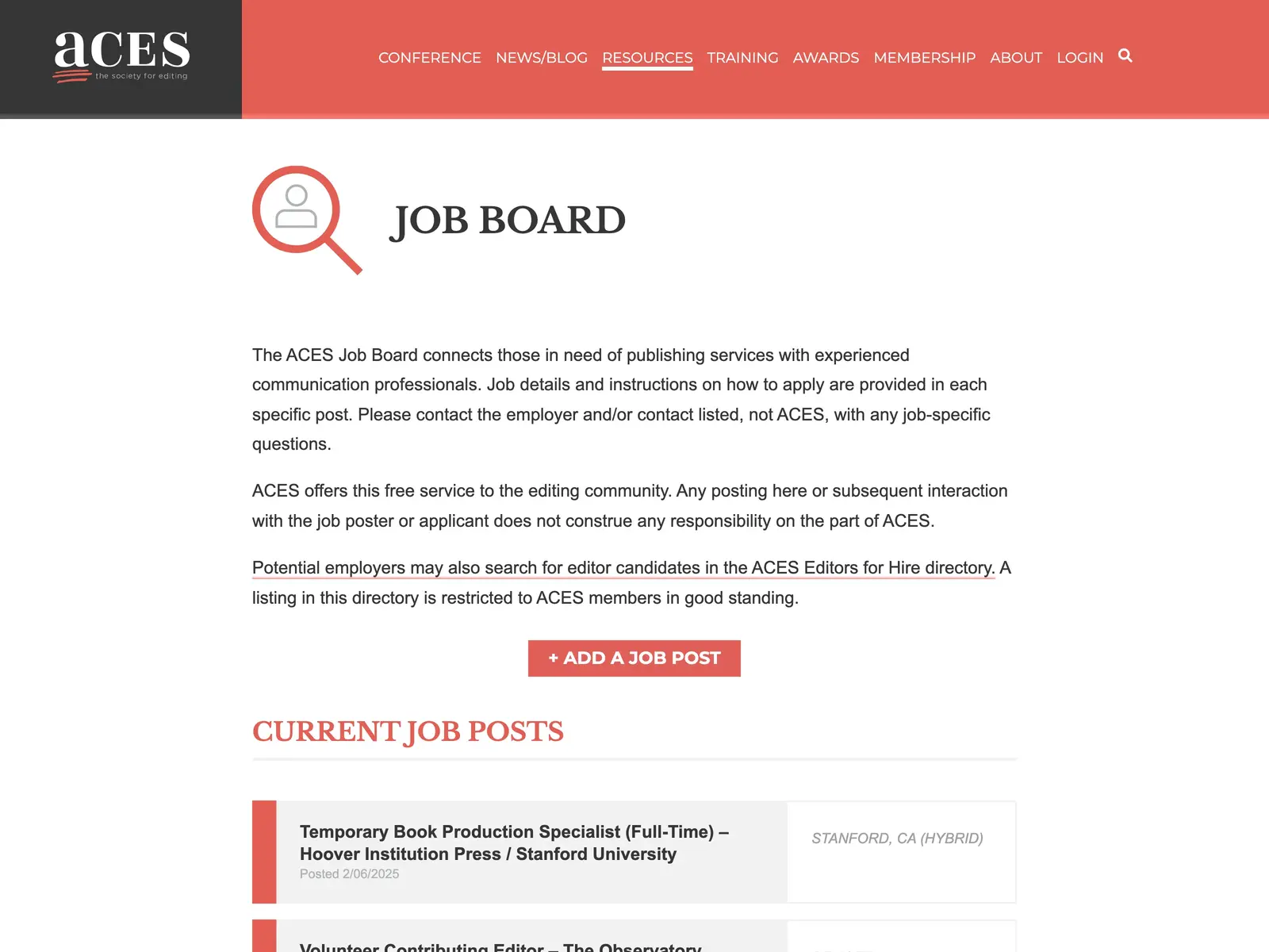 Screenshot of ACES Job Board
