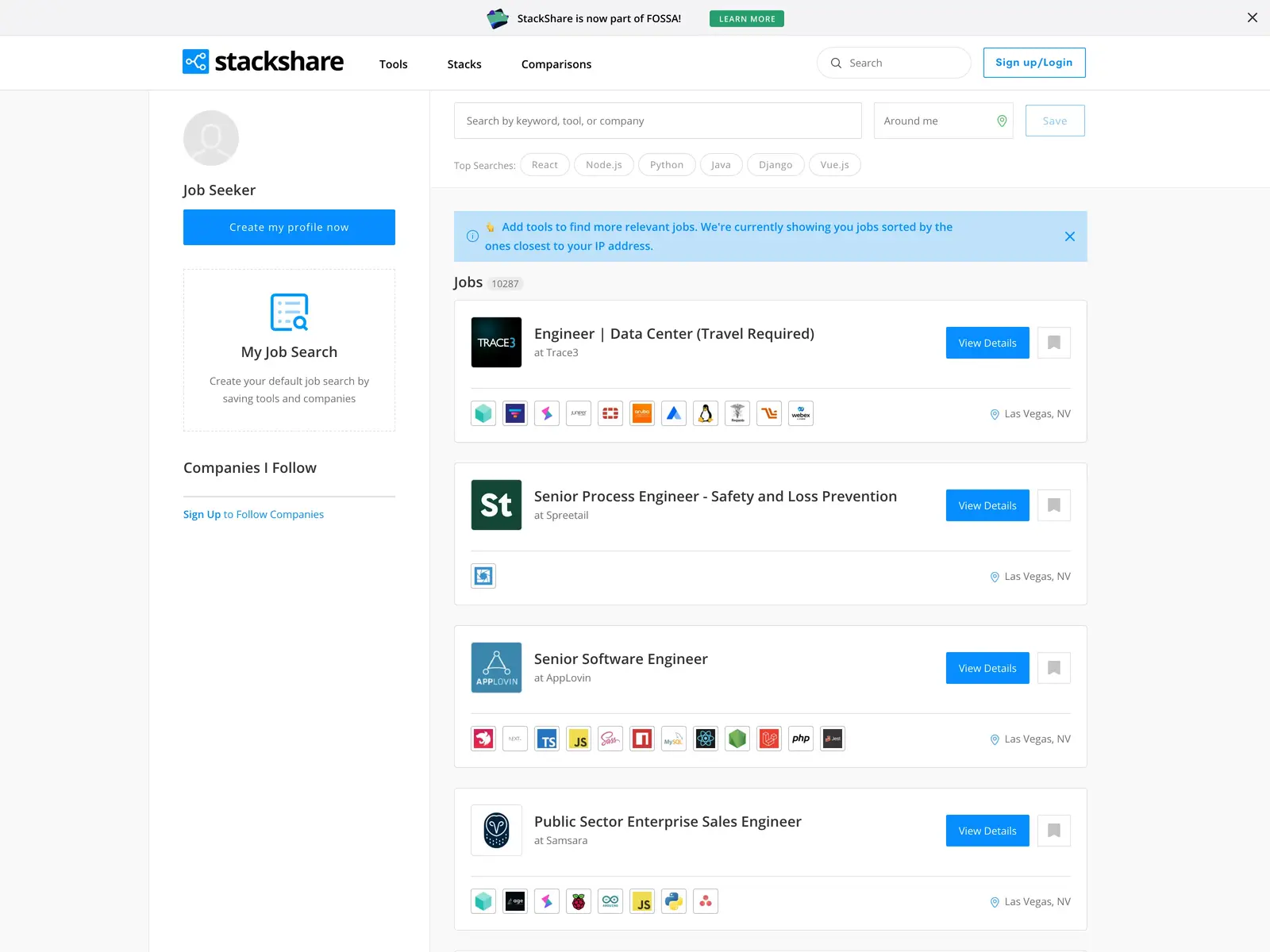Screenshot of StackShare Job Search