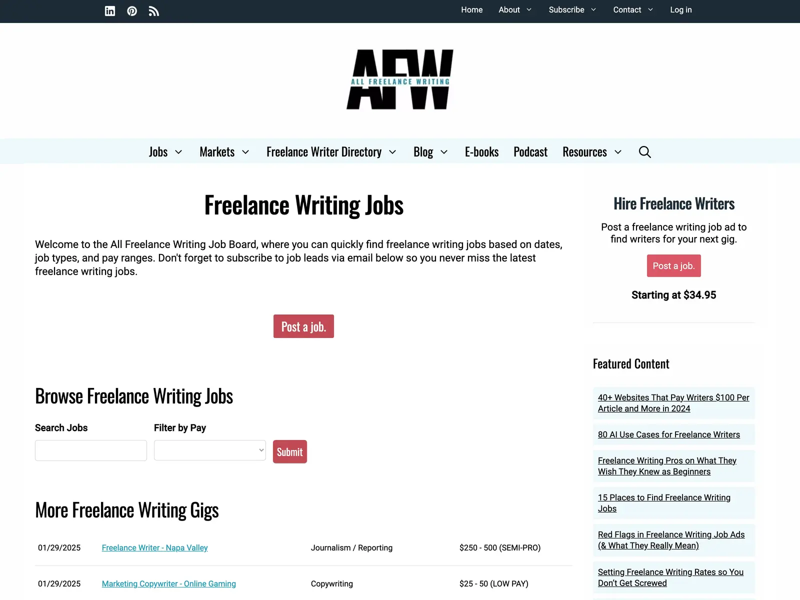 Screenshot of All Freelance Writing Job Board