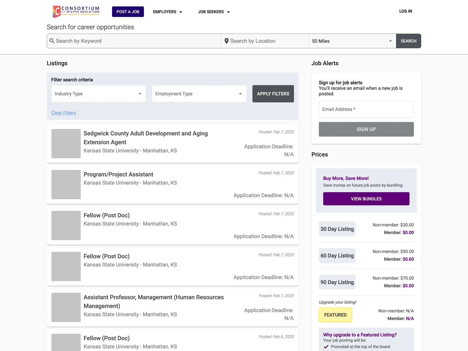 Screenshot of Consortium of Higher Education LGBT Resource Professionals Job Posting Board