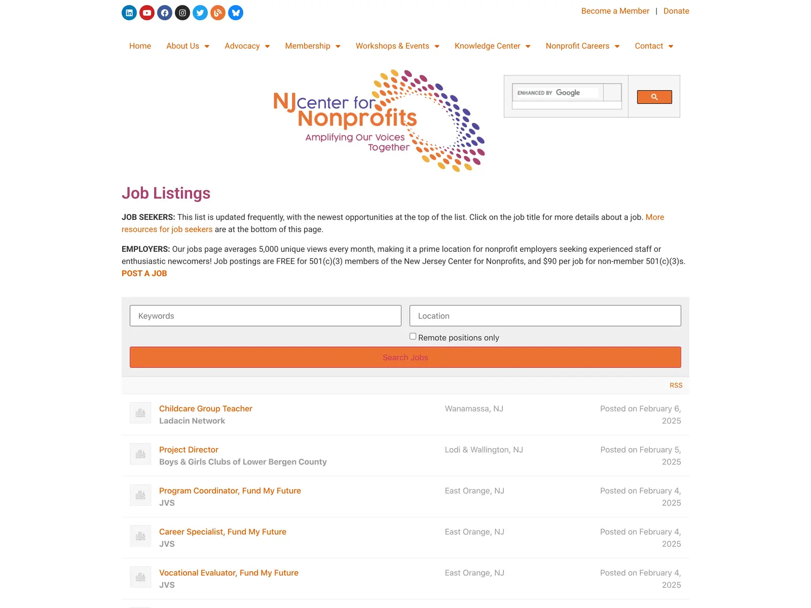Screenshot of NJ Center for Nonprofits Job Board