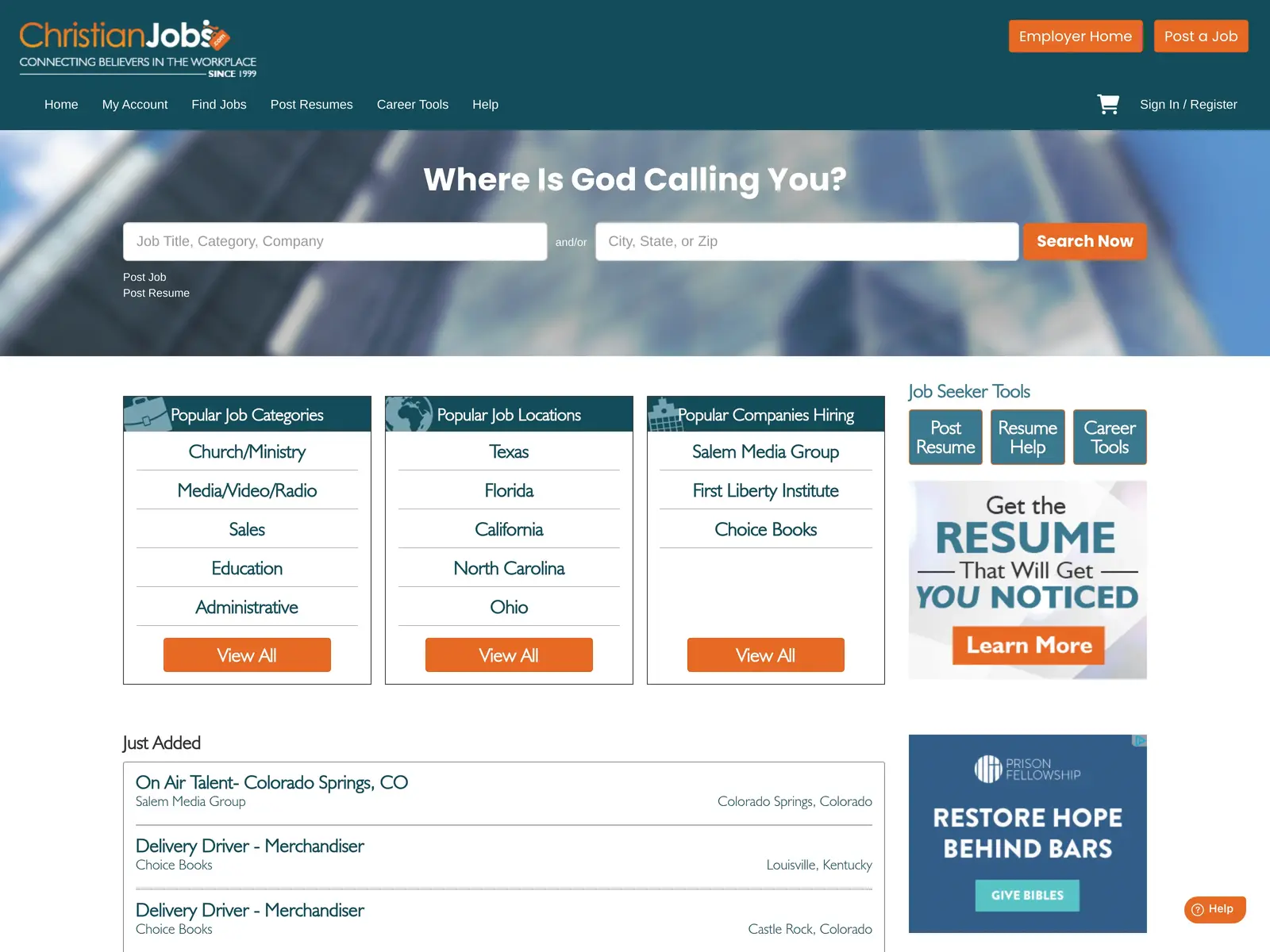 Screenshot of ChristianJobs.com